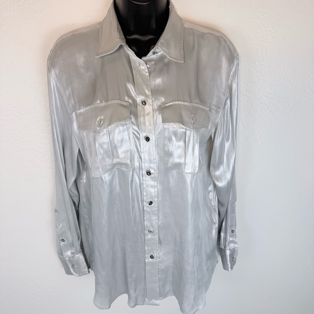 Lauren Ralph Lauren Silver Metallic Lame Button Down Blouse Size S
